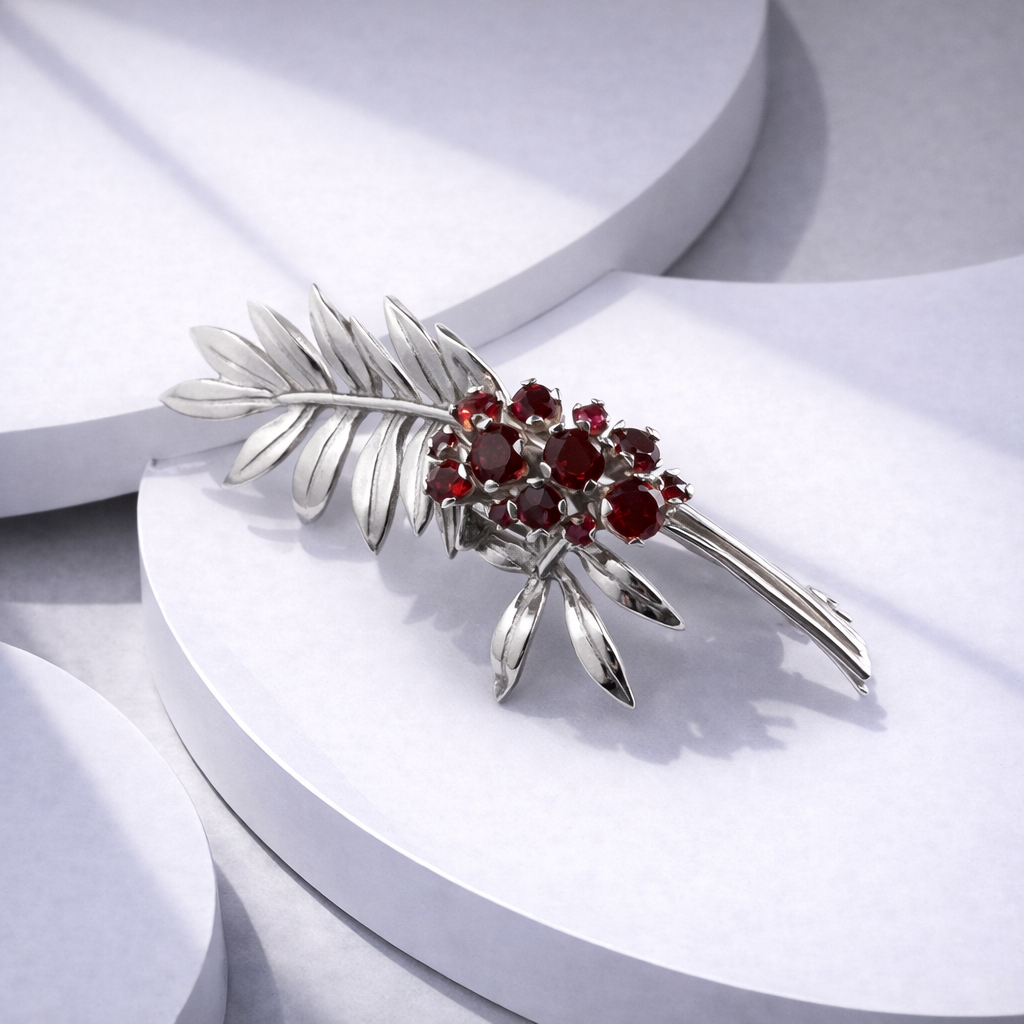 Strieborná brošňa s rubínmi na mieru – zákazková výroba šperku